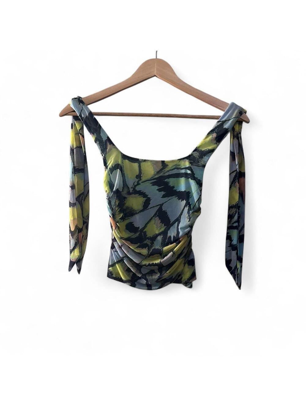 Free People Abstract Butterfly Print Ruched Tie Sleeve Top XS